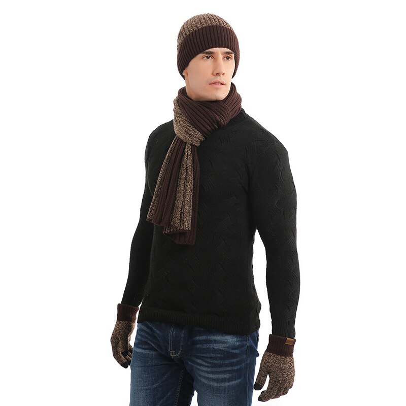 Ensemble de 3 pièces pour homme, chapeau, écharpe, gants, bonnets en laine, rayures rétro, ski d&#39;affaires, unisexe, accessoires d&#39;hiver, du nouvel an: Khaki