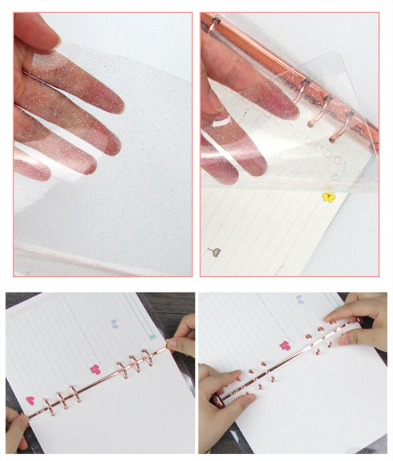 A5 A6 Glitter Binder Cover Soft Clear PVC Notebook Rose Gold Round Ring Protector with Snap Closure DIY Journal Planner Cover