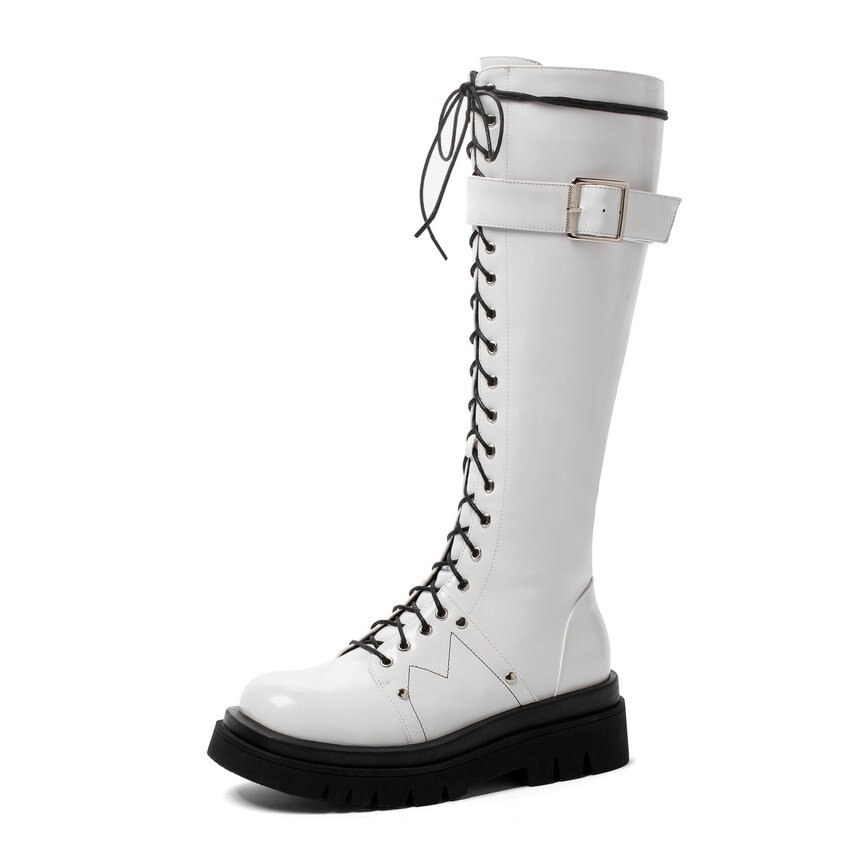 Qutaa lakleren pu kniehoge laarzen met gesp, vetersluiting, rits, vierkante hak, herfst/winter, ronde neus, damesschoenen, maat 34-43: Wit / 12
