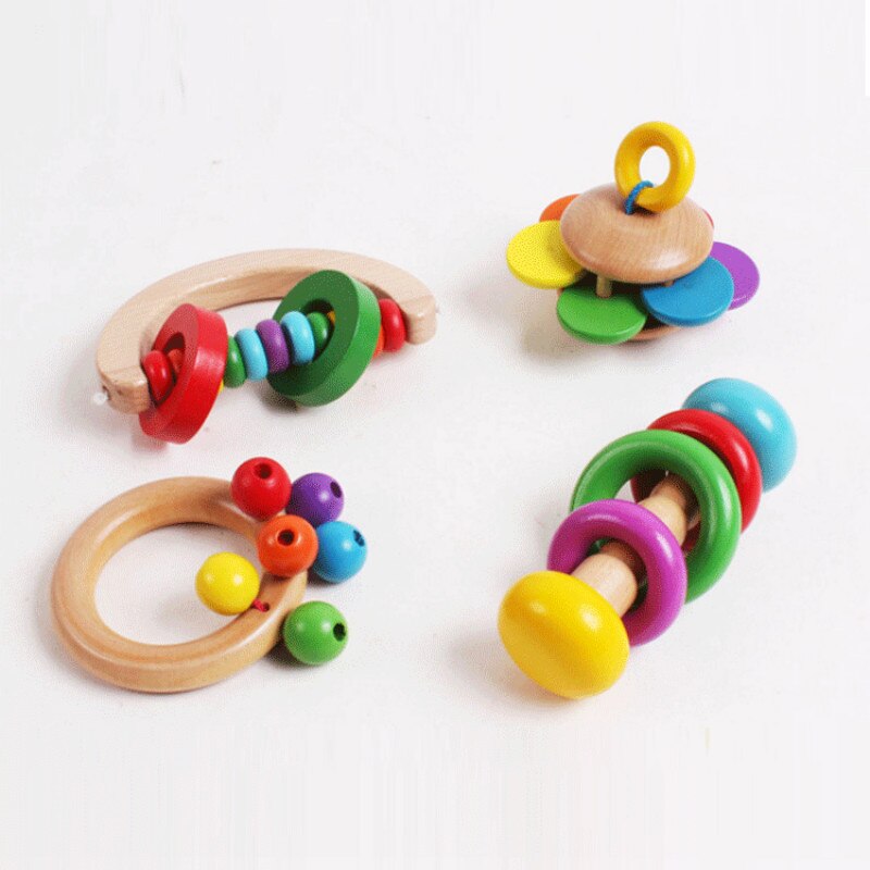 4 verschiedene bunte babyrasseln aus holz, handrasseln für kleinkinder, puzzlespielzeug für babys ab 0-1-2 jahren