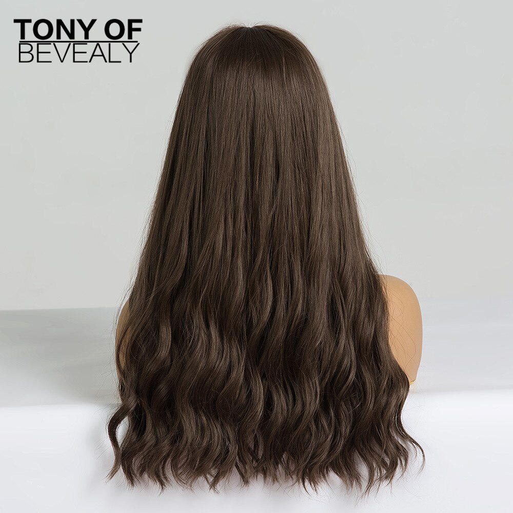 Long Wavy Dark Brown Natural Hair Wigs With Bangs Heat Resistant Synthetic Wigs for Afro Women Daily Cosplay Natural Wigs