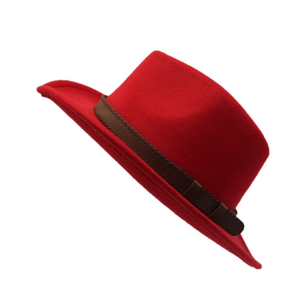Sombrero de vaquero con cinturón de ala ancha para hombre y mujer, sombrero Trilby de lana, talla 56-58CM