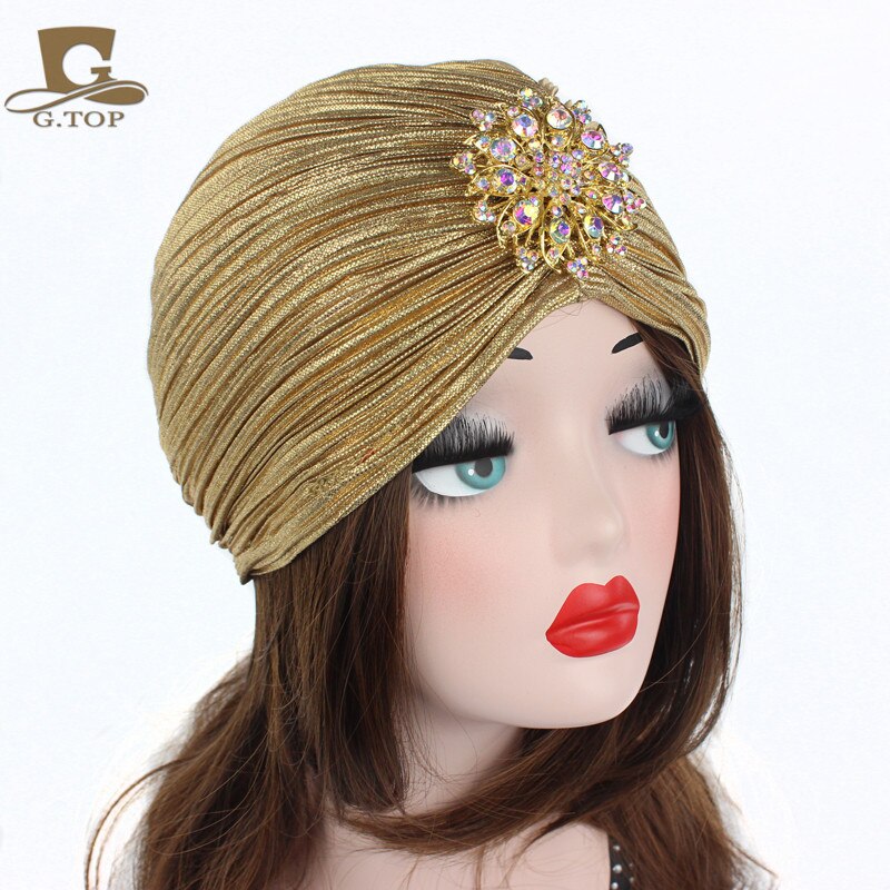 Damer guld sølv diamant juvel turban hatte til kvinder chemo bandana hijab plisseret indian cap turbante hat
