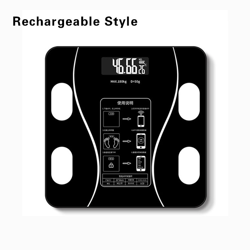 Smart Bluetooth Body Fat Scale Floor Bathroom Weight LED Digital Display Scale Body Composition Analyzer With Smartphone App: Rechargeable black