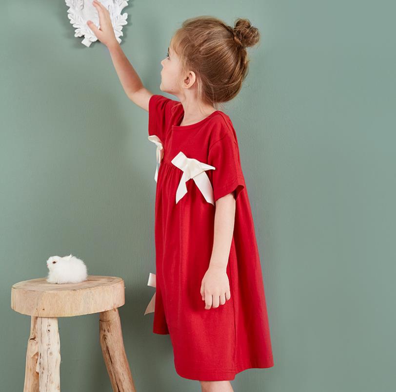 Vestido de dormir vermelho com laço para crianças, roupas de dormir para crianças ws1526 de algodão com manga curta para verão 2020