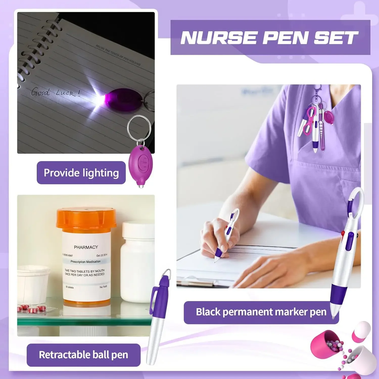 6in1 Multifunktions Versenkbare Kugelschreiber einstellen Taschenlampe Faltbare Schere Kugelschreiber Schlüsselbund Krankenschwester Stifte dauerhaft Marker