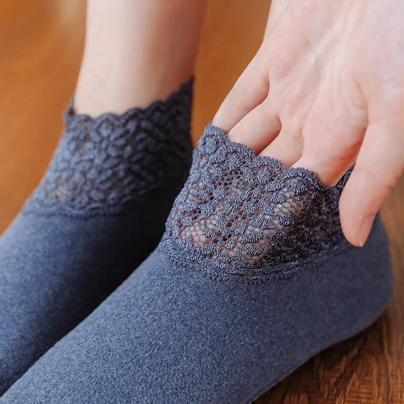 1 Pairs Thicken Winter Lace Women Socks Warm Thermal Soft Solid Color Socks Wool Cashmere Snow Velvet Socks Home Floor Socks