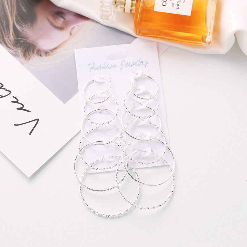 12-piece Earrings Set of Exaggerated Geometric Big Circle Earrings for Women Hollow Round Gold Silver Colour Small Ears Ring: Imitation Rhodium Plated