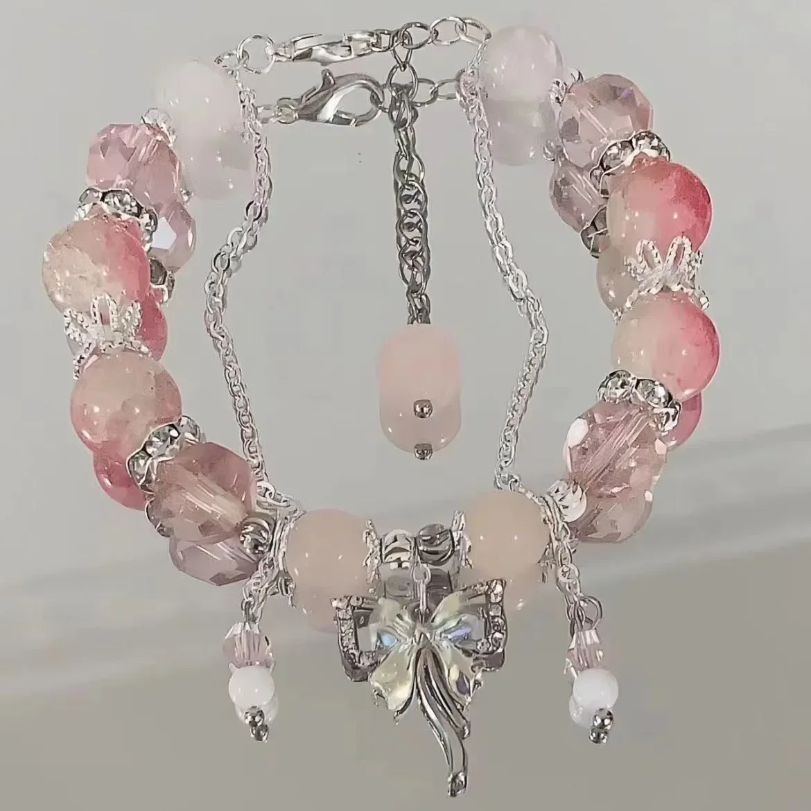 Pulsera de cuentas con colgante de mariposa y flores de cristal rosa coreano para mujer, pulseras de cadena de cuentas dulces, de joyería para novia