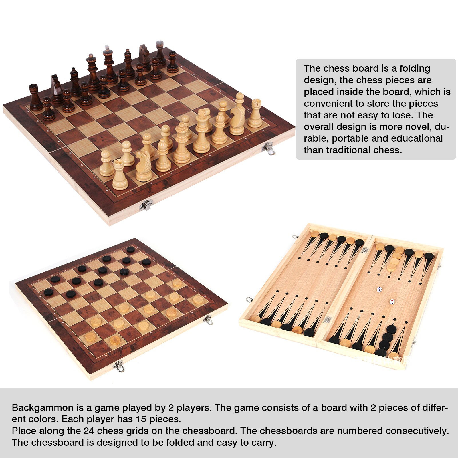 3 In 1 Houten Vouwen Schaakspel Bordspel Draagbare Backgammon Checkers Game Reizen Indoor Houten Schaakstuk Schaakbord