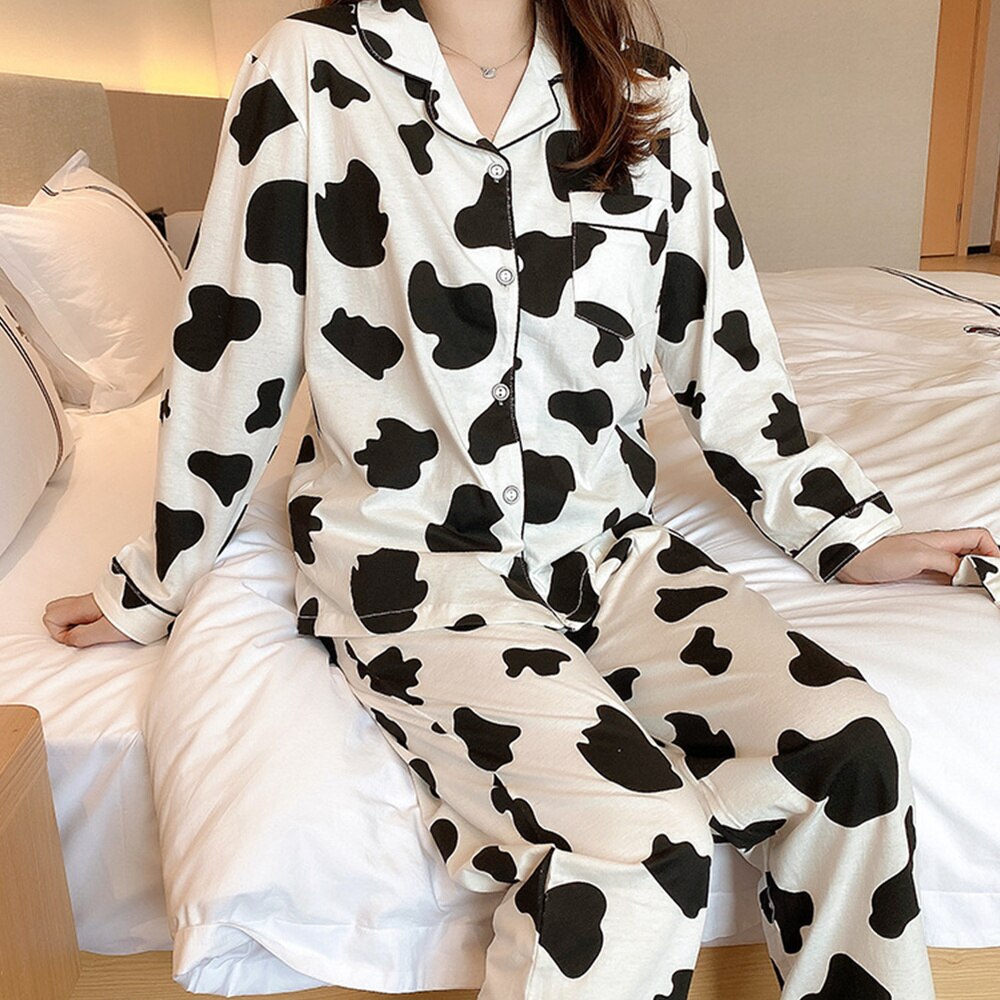 1 Set Ladies Long Sleeve Pyjamas Set Cow Pattern Sleepwear Trousers )