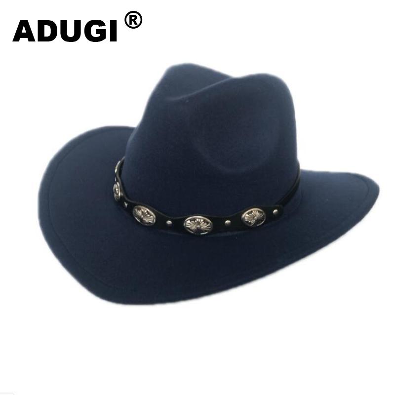 ADUGI punk styl kapelusz kowbojski jesienno-zimowy wełniany filcowy kapelusz mężczyźni i kobiety jazzowy kapelusz brytyjski pas metalowy retro kapelusz: marynarka wojenna niebieski