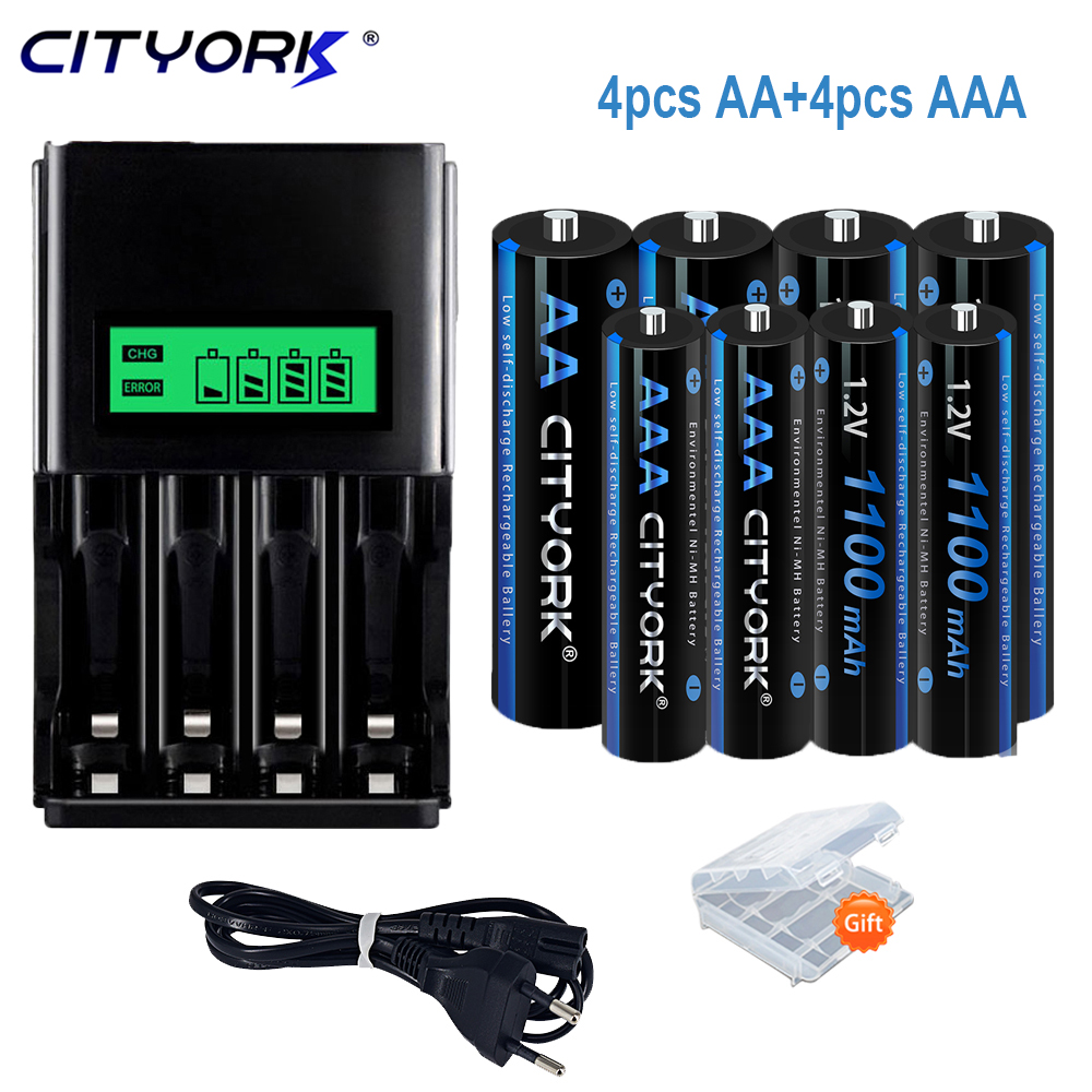 CITYORK 1,2 V AA + AAA baterías recargables AA 3000mAh AAA 1100mAh aa 2A batería aaa nimh y LCD 1,2 V AA AAA cargador: Oro