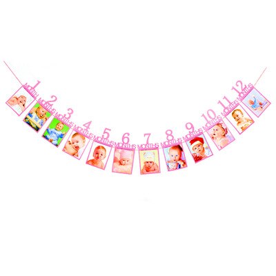12 månader fotoram banner baby 1st grattis på födelsedagen dekorationer baby shower 1st baby pojke flicka mitt första år festtillbehör: Rosa nummer