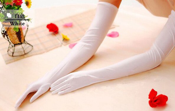 Gants Longs En Satin Bague à Perles Noeuds (Blanc, Ivoire, Rouge, Noir