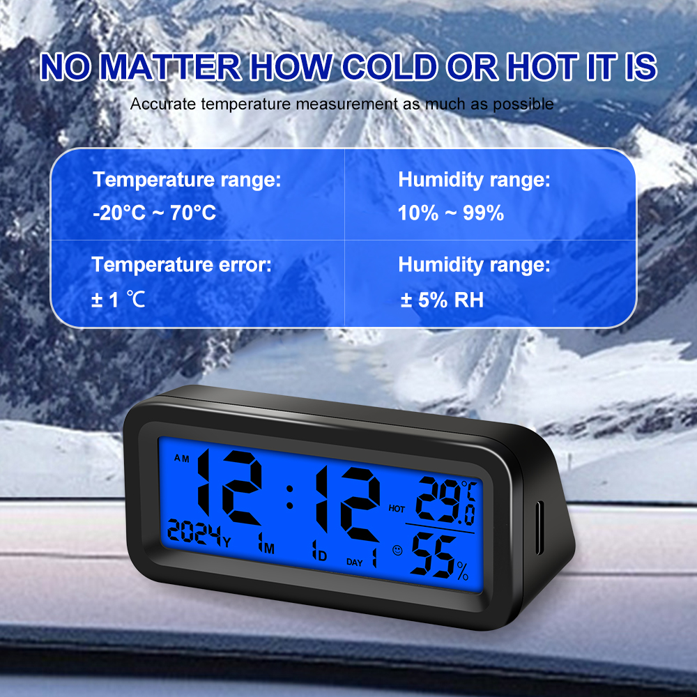 Digitale zonne-auto klok Datum Week Temperatuur Vochtigheid LCD-achtergrondverlichting Display voor dashboard Autoklok Auto's Intern Stick-On