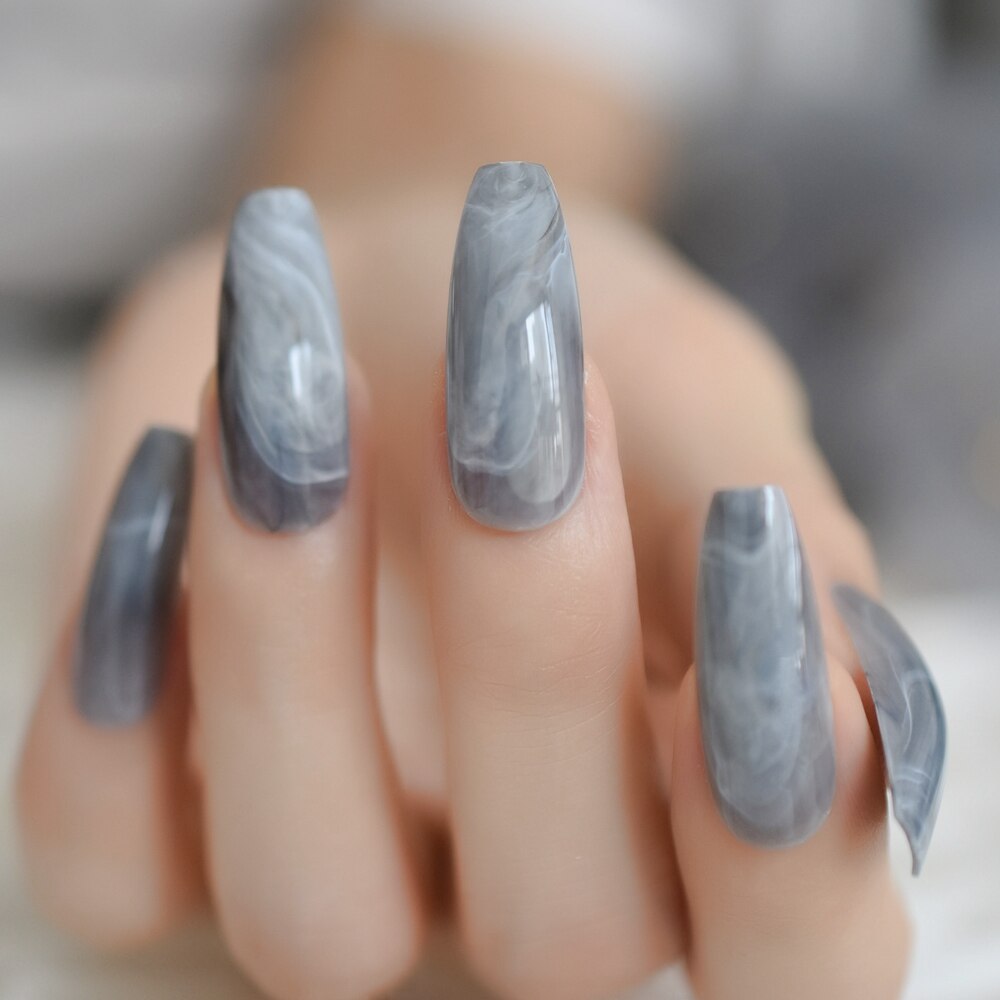 Marbling False Nails Grey Stiletto Shiny Marble Nail Art Tips Medium Size Pointed Sharp Nails 24 Count: L5279