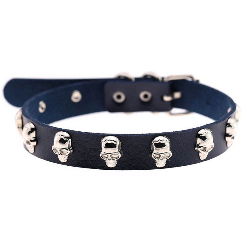 Trendy Punk Rock Silver Color Alloy Skull Leather Choker Necklace For Women Men Collar Jewelry: Navy Blue