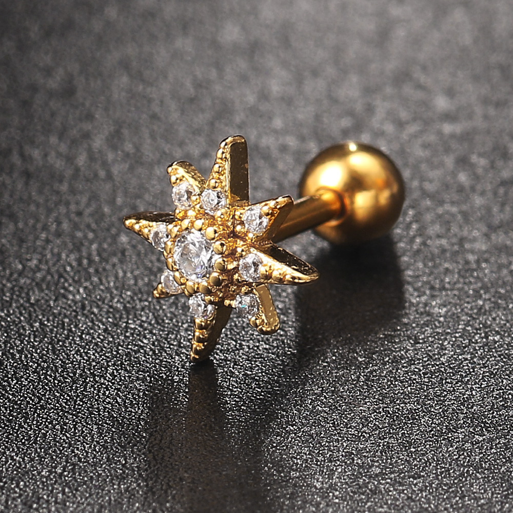 Crystal Star Moon Helix Piercing Earrings For Women Trendy Gold Color Ear Cartilage Tragus Studs Zircon Flower Jewelry KAE269-M