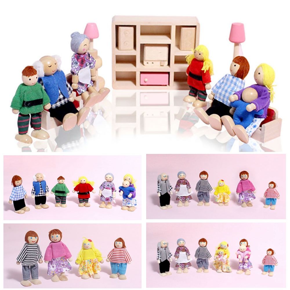 Famille de poupées en bois articulées pour jeu de rôle, ensemble de figurines multicolores, pour maison de poupée en bois