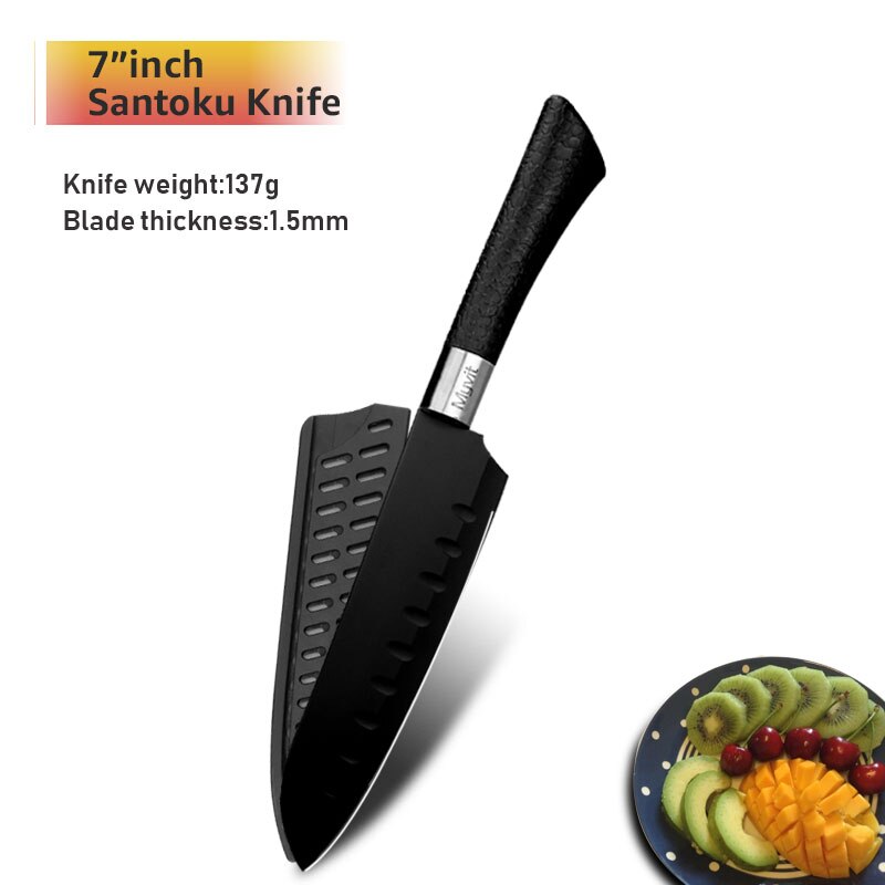 Chef Knives Set Stainless Steel Paring Utility Santoku Chef Slicing Bread Knives Black Blade Kitchen Accessories Set Tools: 7inch Santoku Knife