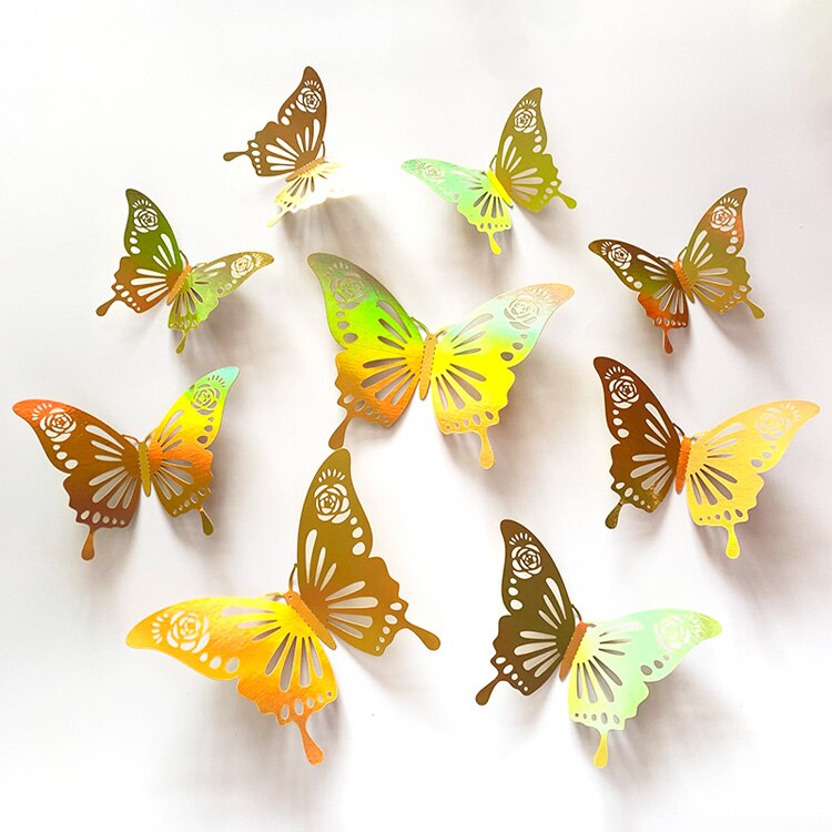 Autocollant mural papillon 3D ajouré coloré doré, 12 pièces, décorations de mariage, décoration de salon, sparadrap d&#39;art pour la maison: Style E