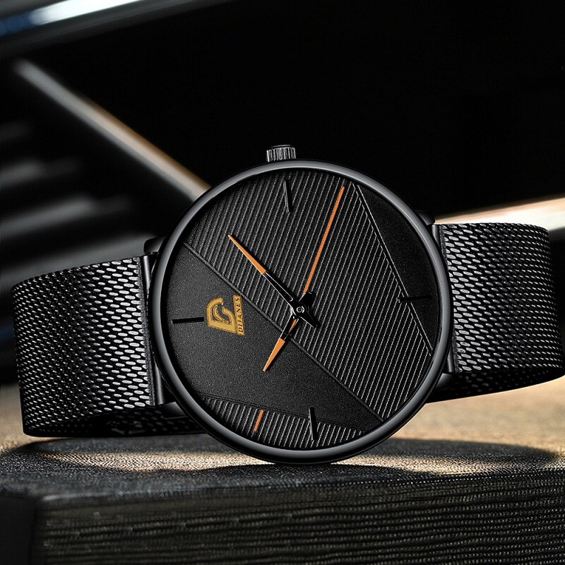 Herreure simple mænd business ultra tyndt rustfrit stål mesh bælte quartz ur minimalistiske armbåndsure til mænd