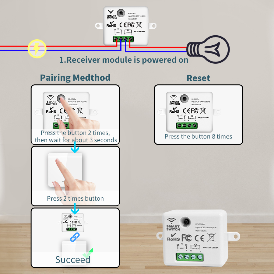 Interruttore intelligente senza fili 433 MHz 1/2/3banda 86 Interruttore da pannello a parete con telecomando Interruttore 10A 110 V 220 V per lampada a portato