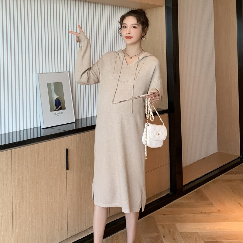 Herfst Winter Dikke Warme Gebreide Moederschap Lange Jurk Hoodies Losse Jurk Kleding Voor Zwangere Vrouwen Zwangerschap Casual Wear