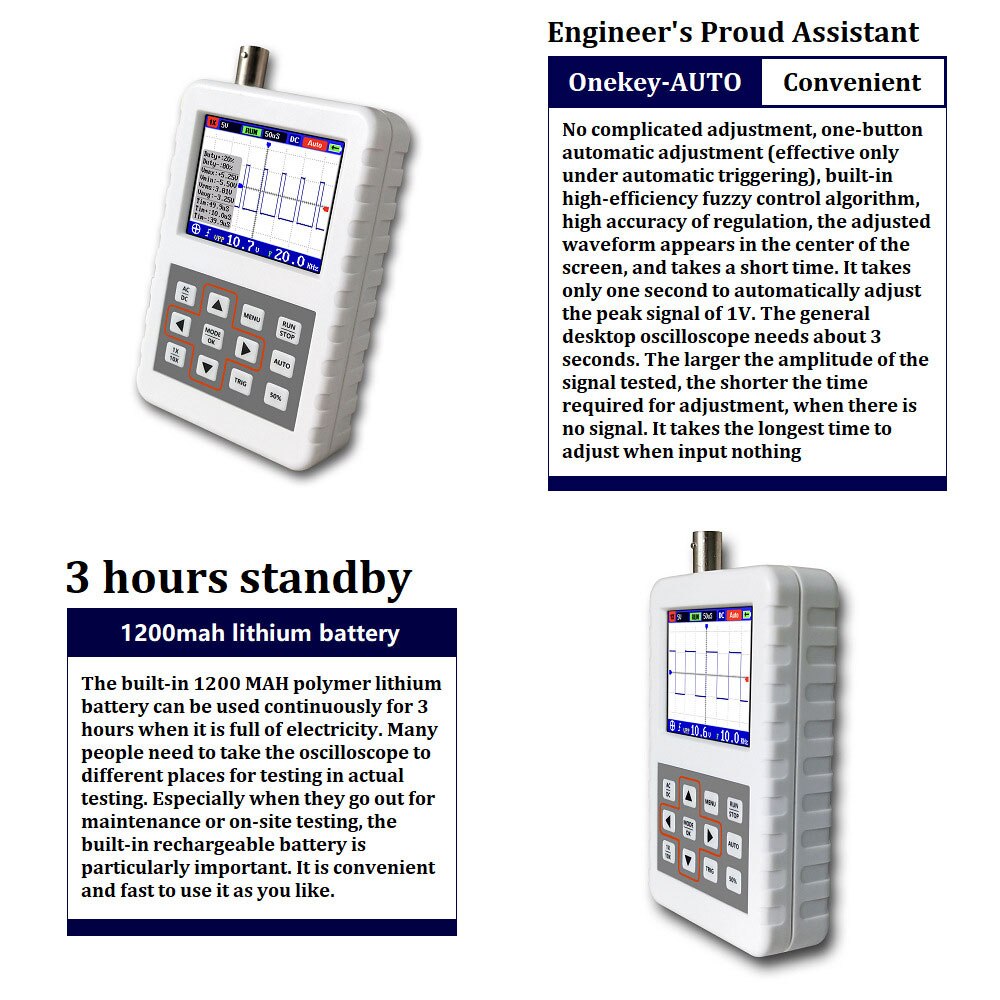 2.4" LCD Digital Oscilloscope Portable 5M Bandwidth 20 MSps Sampling Rate DSO Fnirsi Pro Oscilloscope Kit with 1500Mah Battery