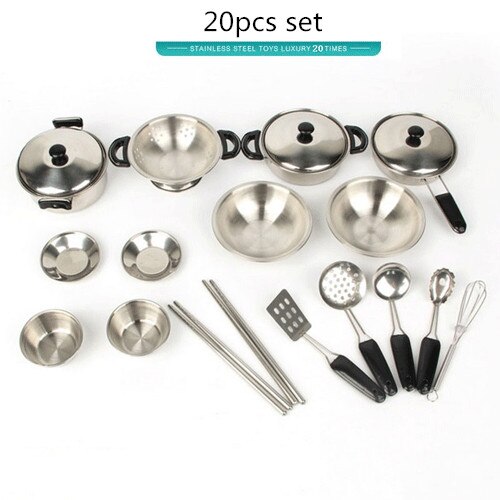 40Pcs Stainless Steel Kids House Kitchen Toy Cooking Cookware Children Pretend & Play Kitchen Playset for Children- Silver: 20Pcs No box