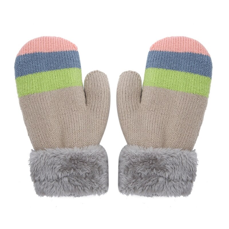 Enfant en bas âge enfants hiver peluche doublé doigt complet mitaines arc-en-ciel rayé tricoté thermique temps froid mitaines chauffe-mains: Khaki