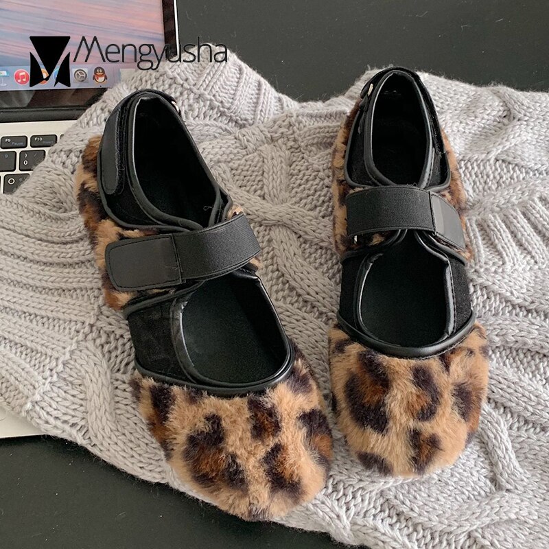 Pörröiset leopardihousut nainen koukku ja silmukka mary janes talvipehmo lolita kengät naiset lampaanvilla mokasiinit lämpimät fleece-loaferit: Leopardi / 7.5
