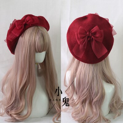 Japanse Kawaii Baret Hoed Lolita Tiener Hart Zoete Wollen Handgemaakte Cute Lace Strik Warme Herfst Winter Schilder Hoed Hoofdtooi: 08