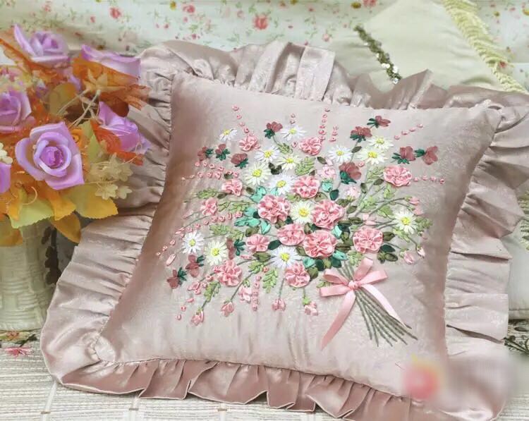 Kit de bordado de cinta de ramo de flores, 45x45cm, azul y rosa, juego de fundas de almohada, manualidades DIY, arte de costura hecho a mano, decoración del hogar, 1 ud.