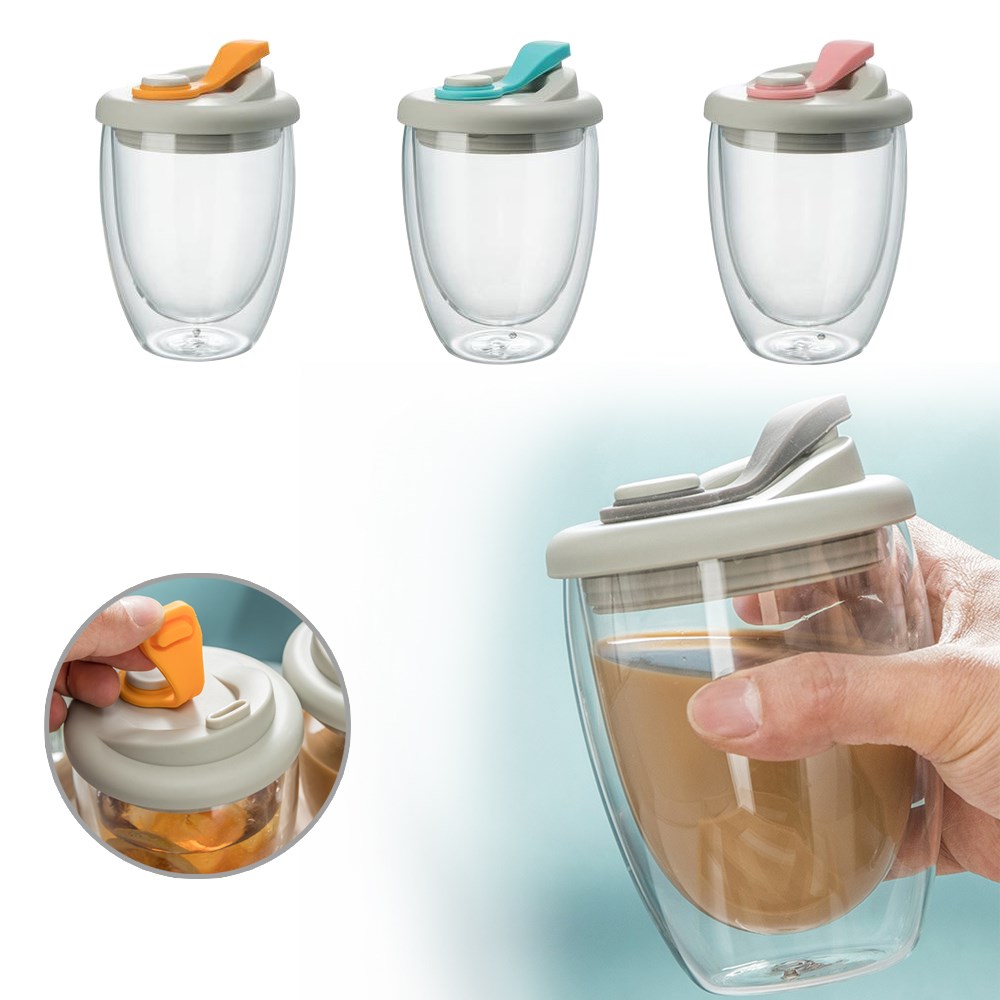 Leuke Draagbare Waterbeker Dubbelwandige Glazen Beker Met Lekvrij Deksel Transparant Geïsoleerde Koffiekopjes Melk Thee Sap Mok Dinkware