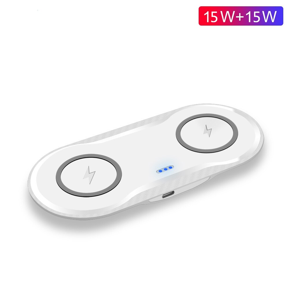 30W Dual Wireless Charger - 2-in-1 Fast Charging Dock for iPhone 12-8, Samsung S20-S9 - Dual 15W Pad: Dual 15W White
