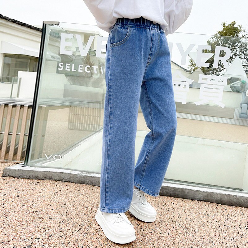 2022 Tiener Meisjes Mid-Taille Jeans Katoen Effen Kleur Koreaanse Lente Herfst Wid Been Broek Kinderkleding School Denim broek 4-14Yrs