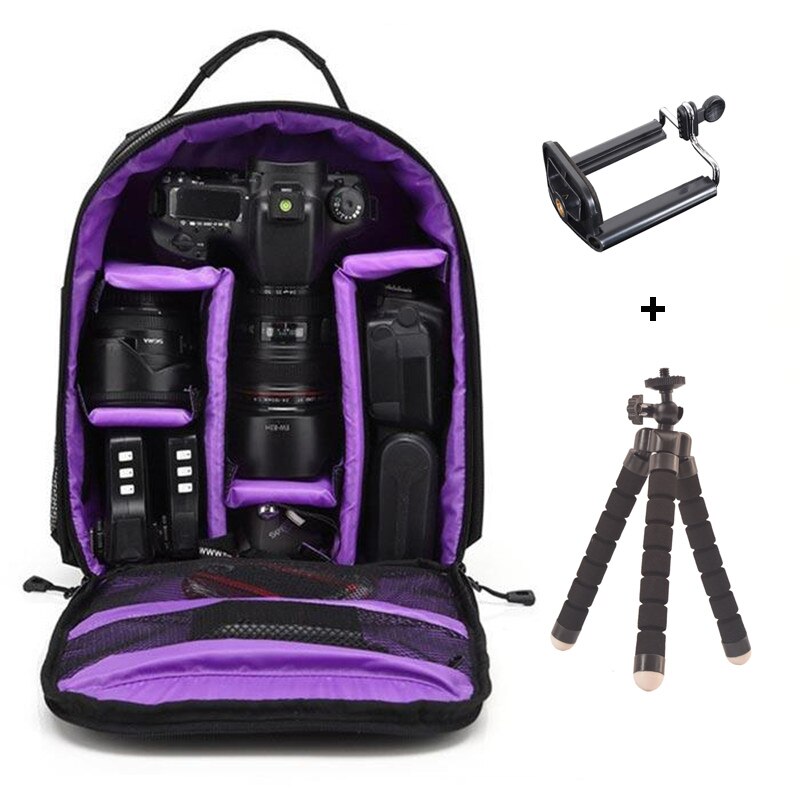 Mochila para cámara Digital, bolsa impermeable para cámara de fotos DSLR, funda para cámara Nikon/Canon/DSLR: Purple with Tripod