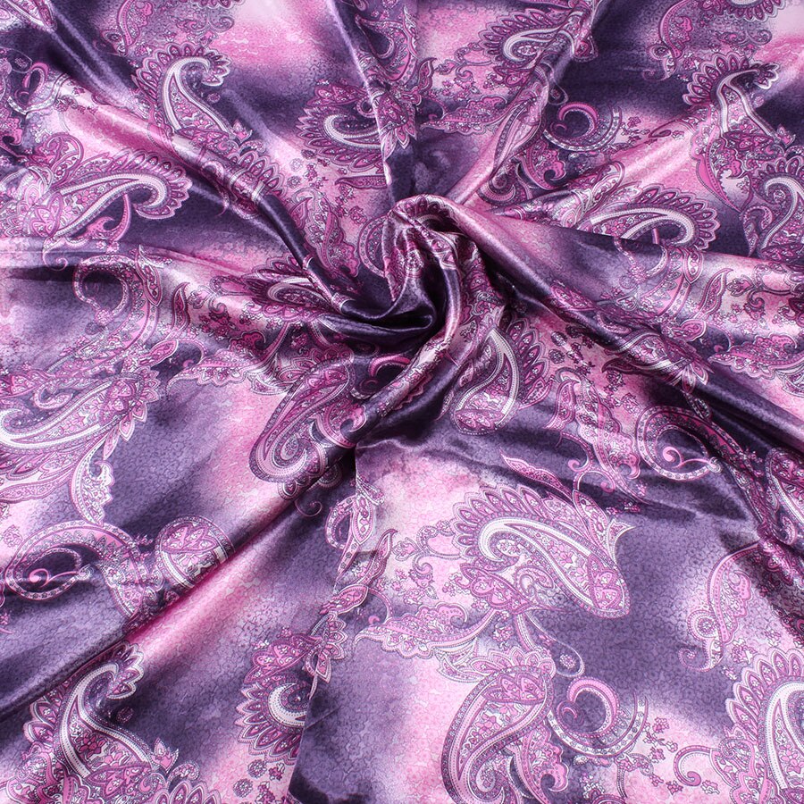 Vintage polyester charmeuse satin stof paisley blomstertryk til tørklæder kjoler sælges af værftet: Lilla