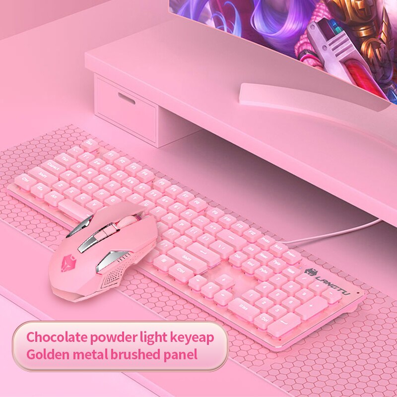 RGB Game Keyboard With Mouse Set Pink Mute Silent Film Cute Backlit Office Game Peripherals Suitable For Laptop