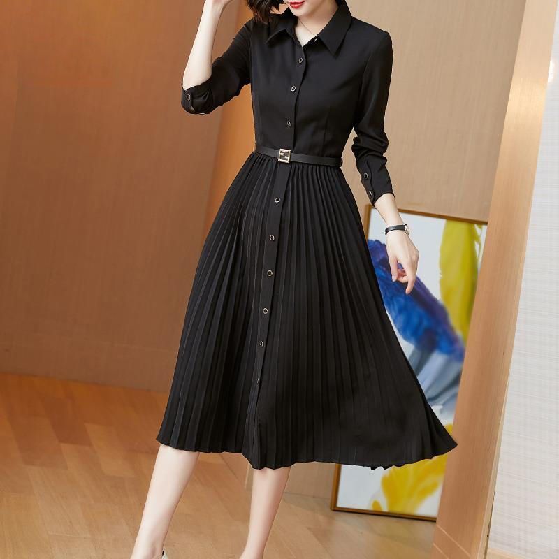 Dress Women Autumn Long Sleeve Black Pleated Dress Female Turn Down Collar Chiffon Black Clothes Office Lady Dress