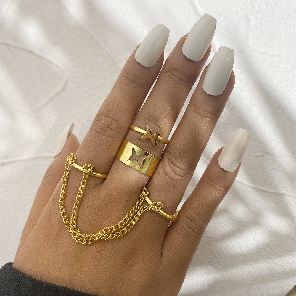 2 Stks/set Punk Lange Kwast Ketting Ringen Voor Vrouwen Hip Hop Mannen Zilver Kleur Hollow Geometrische Paar Ring Set Mode partij Sieraden: RI21Y0652-1