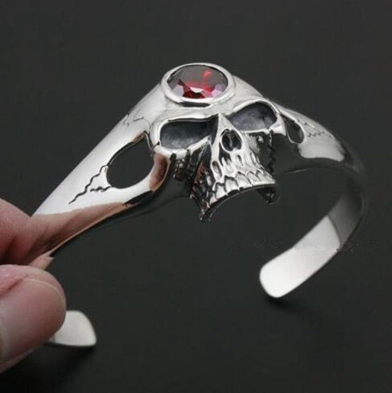 Pulsera de circonia cúbica roja para hombre, brazalete de Calavera, motociclista, Rokcer, joyería