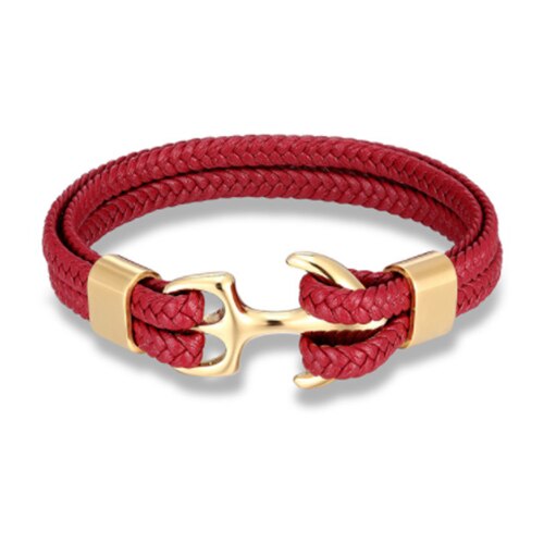 Mkendn Mode Lederen Armband Voor Mannen Black Braid Multilayer Touw Ketting Rvs Anker Mannelijke Sieraden Pulseras: Gold Red / 23cm