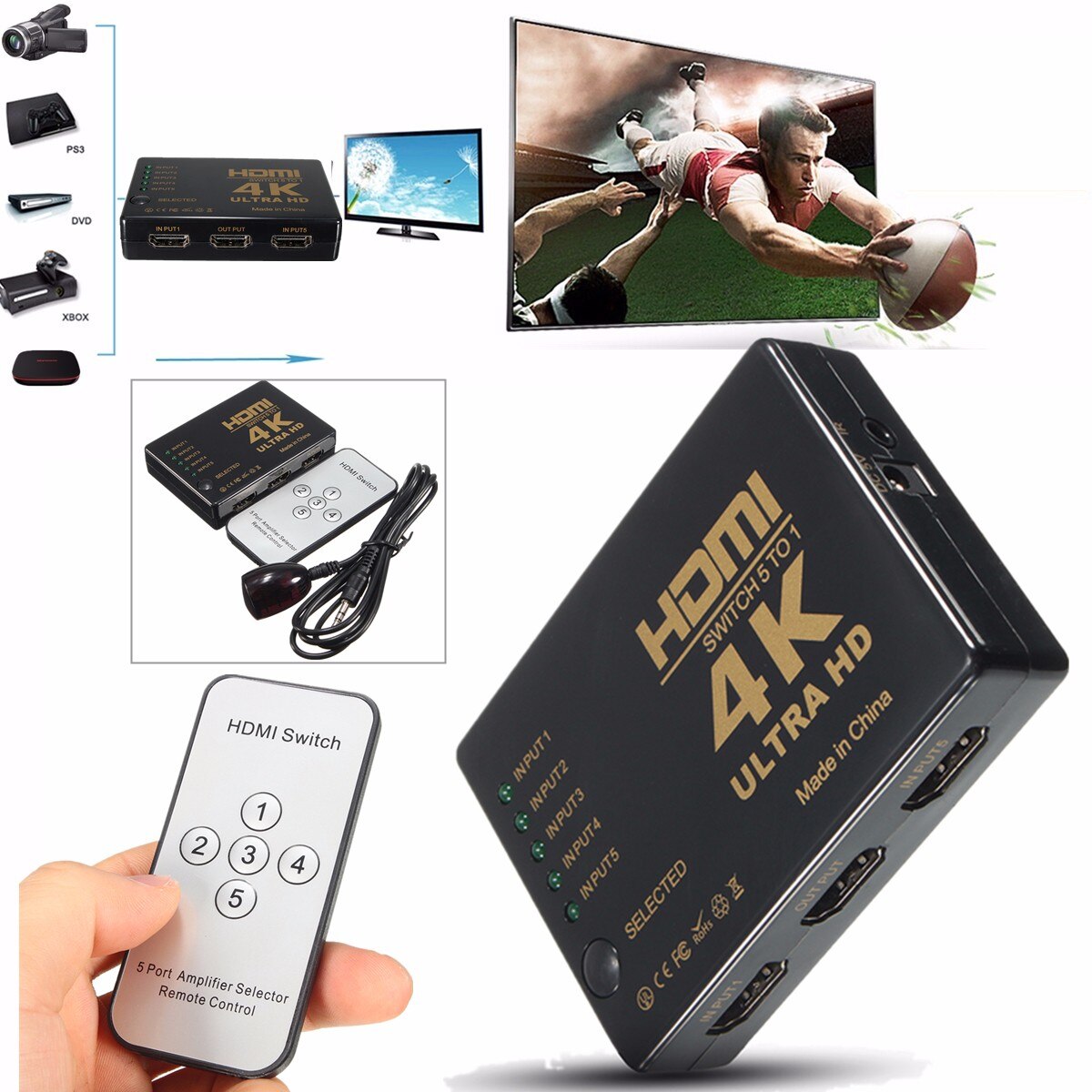 Multifunctional 4K*2K KVM Switcher 5 Port HDMI Hub Splitter Switcher Splitter with Remote Control for HDTV DVD Cameras Video