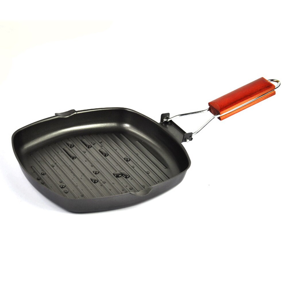 Cast Iron Steak Grill Pans Non-Stick Frying Pan Wooden Handle Folding for Kitchen Fry Cooking Steak Pans Portable Square Grill
