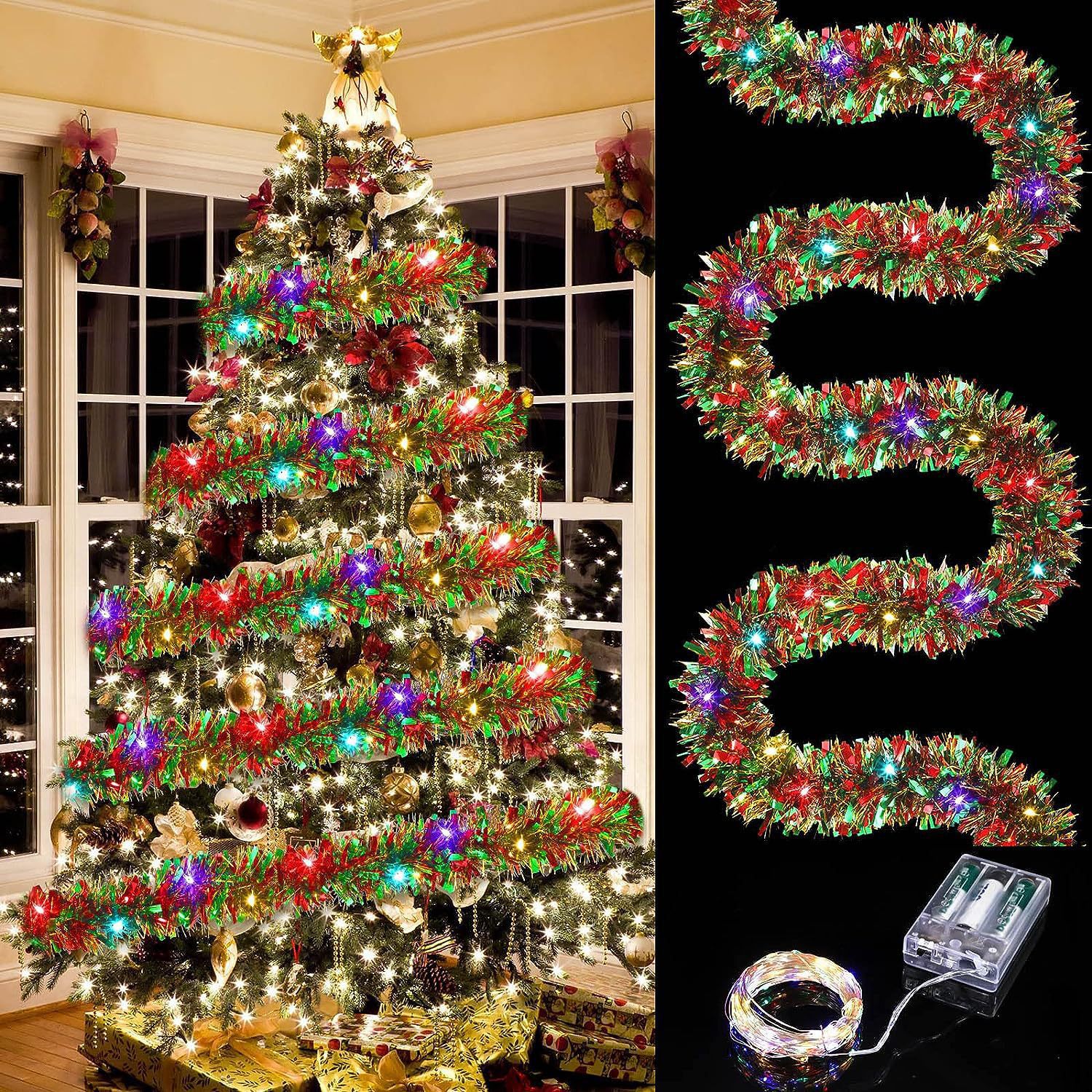 Guirnalda de oropel navideño con 50 luces LED, decoraciones gruesas metálicas brillantes para interiores/exteriores, para fiestas navideñas, 1 ud.: Multicolor