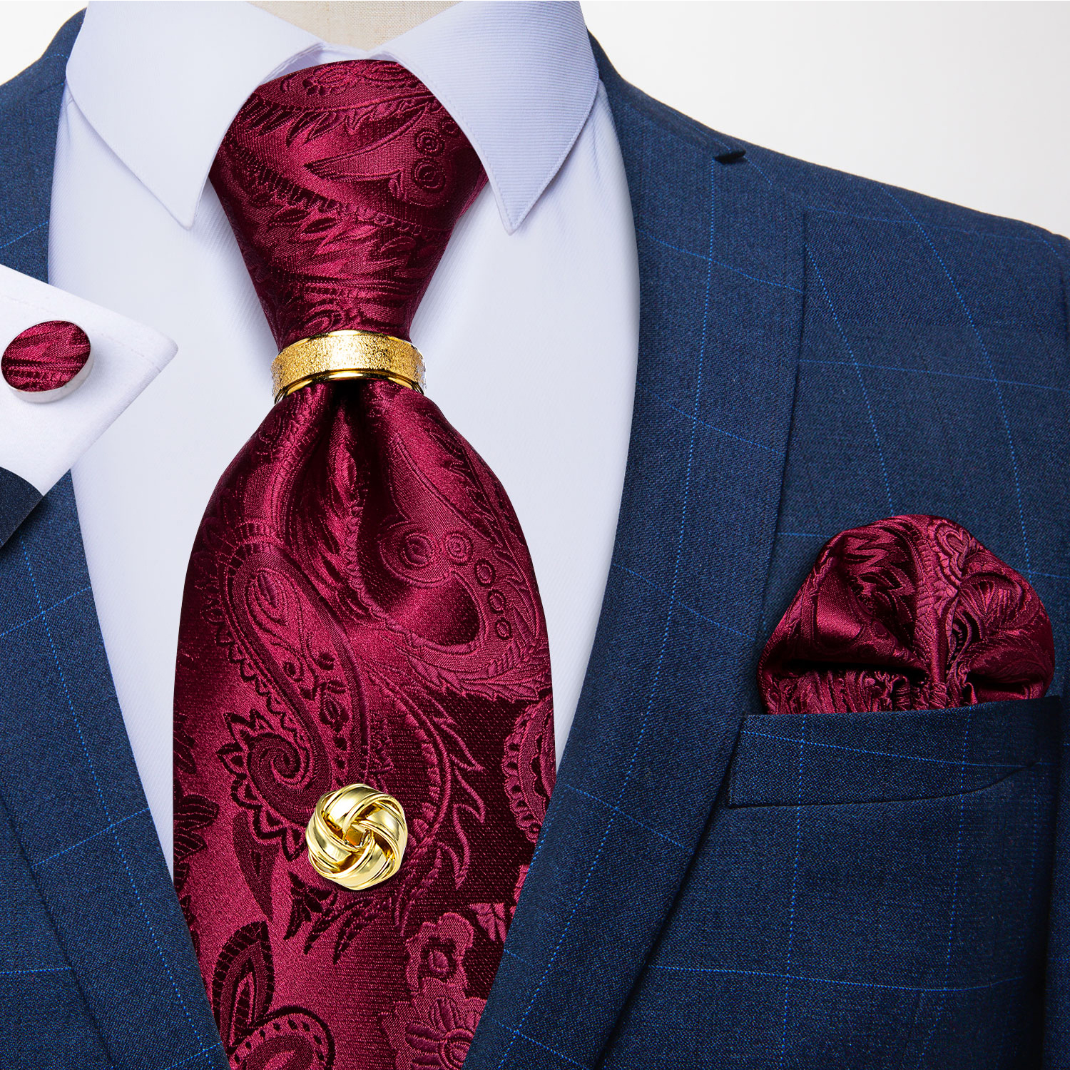 Corbatas de poliéster de Cachemira roja para hombre, 5 uds., con lazo de Metal de Color dorado, pañuelo, gemelos, boda de lujo, graduación, corbata de 8cm: Blanco