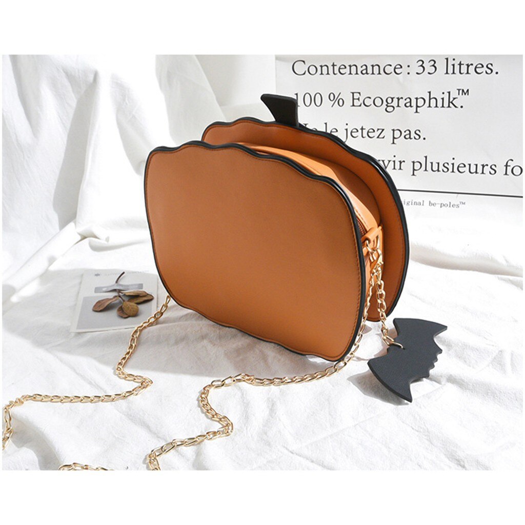 Frauen PU Leder Neue Kette Halloween Kürbis Glänzend Schulter Geldbörse Handtasche Tote Bote Kürbis Tasche